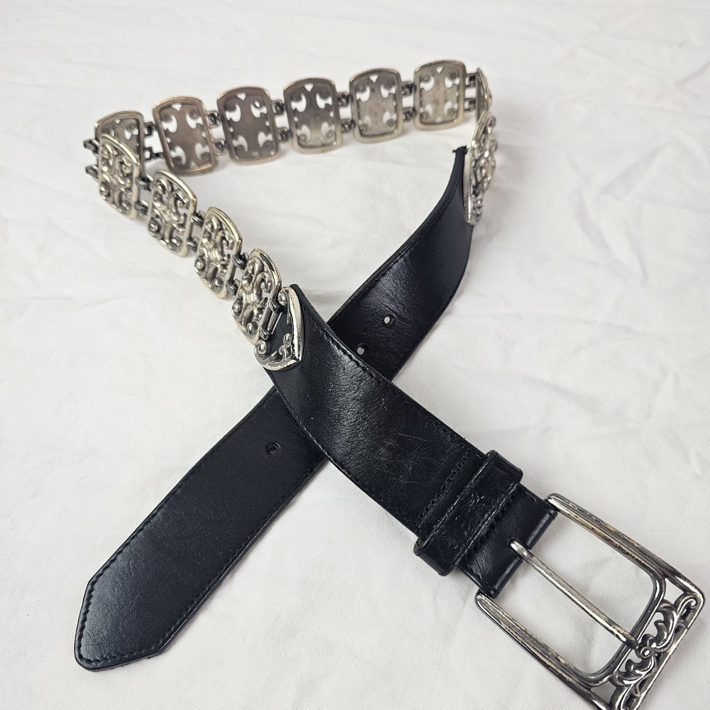 Gap Womens Belt S Black Leather Silver Panel Boho Gladiator Celtic Square Metal